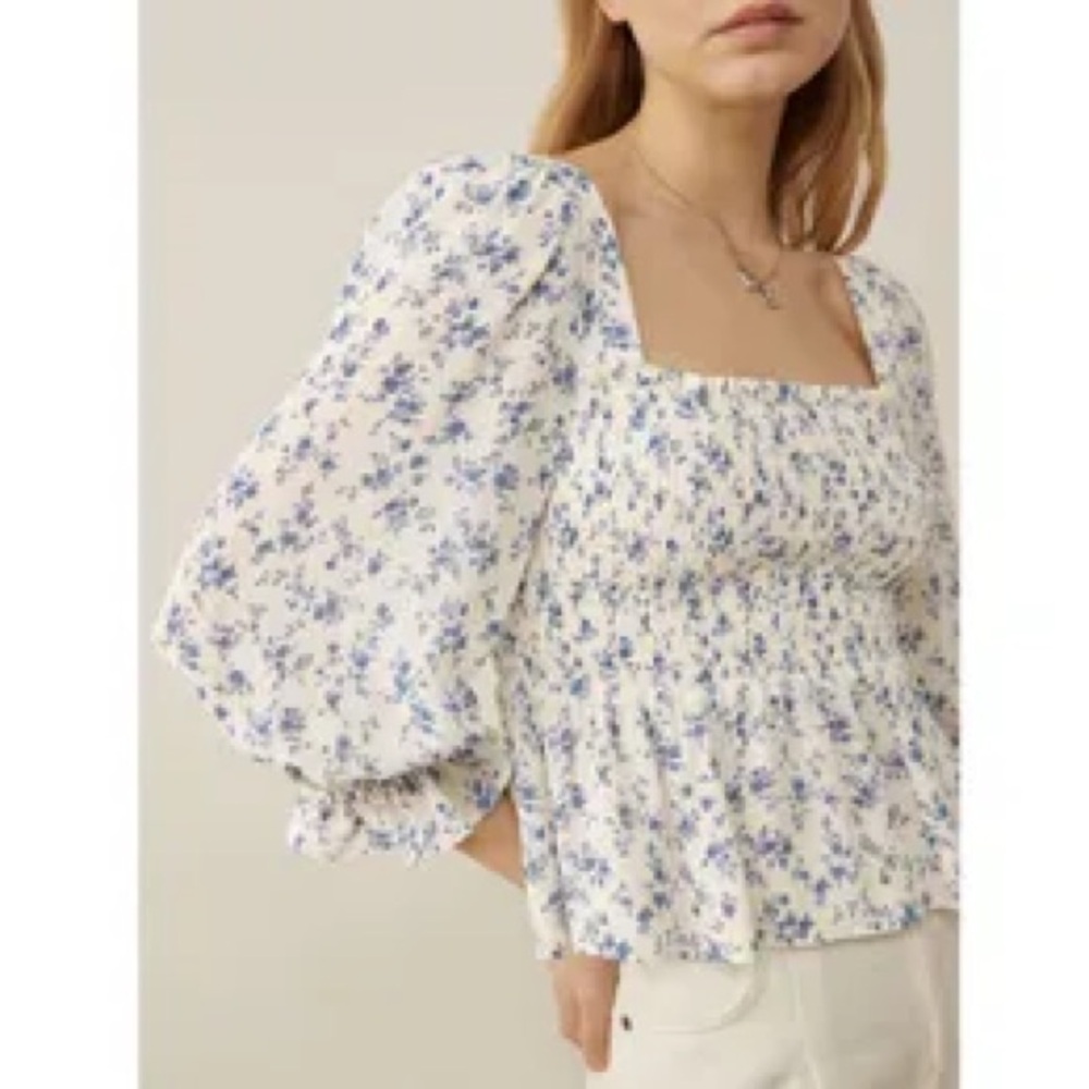 Reformation White and Blue Floral Braelyn Blouse Top S - Picture 7 of 9